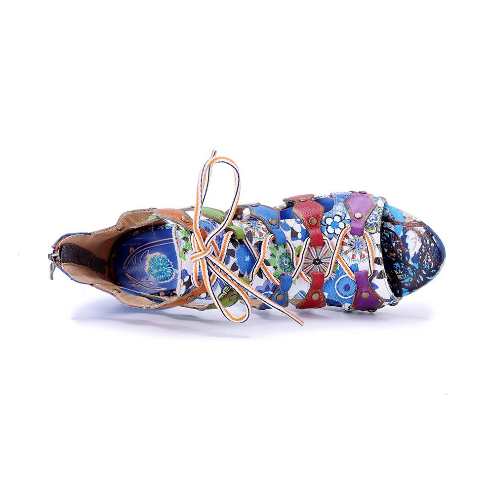 Johnature Women's Handmade Genuine Leather Colorful Bohemian Style Riveted High Heel Sandals