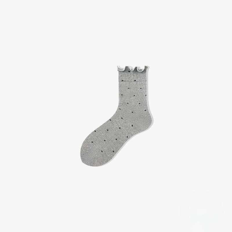 Female Autumn and Winter Solid Color Polka Dot Lace Medium Tube Pile Cotton Socks