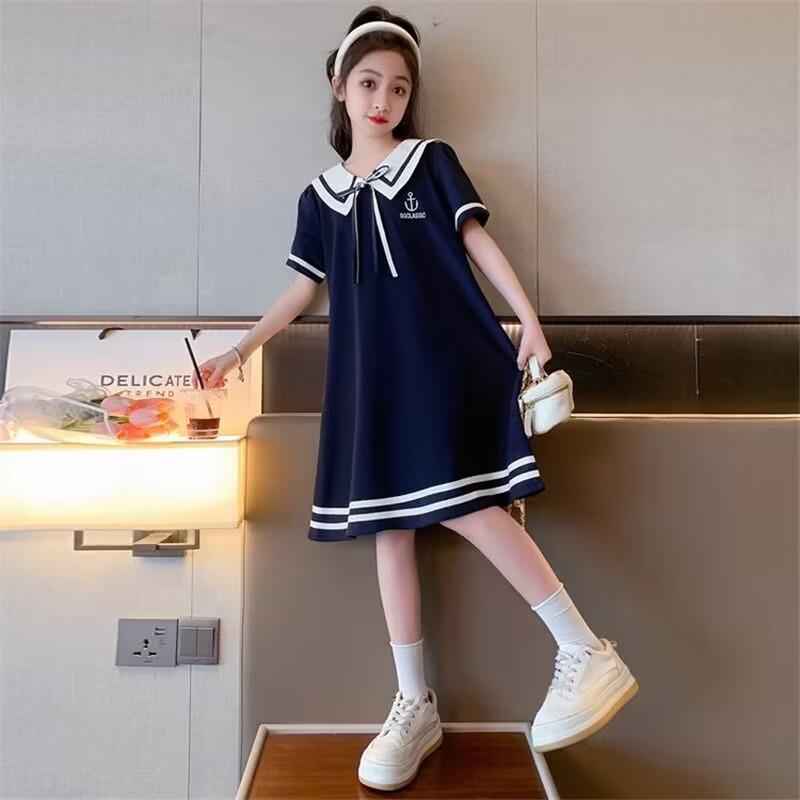 Summer Student Academic Girls Party Dress Jk Bow Sailor Collar Teens Striped SHORT SLEEVE Clothes Toddler 4 8 10 12 14 Year