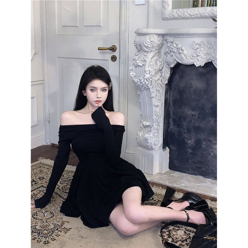 

Gentle Style Off-The-Shoulder Long-Sleeve Dress for Women, New Autumn Fashion, Youthful and Stylish, Waist-Cinching A-Line Short Dress Black S [Excellent Quality]