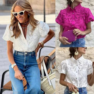 European & American Style Lace Cardigan with Hollow-Out Collar and Puff Sleeves.