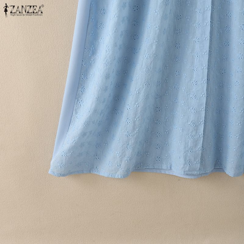 ZANZEA Summer Women Short Sleeve Front Lace Splicing Casual Long Maix Dress