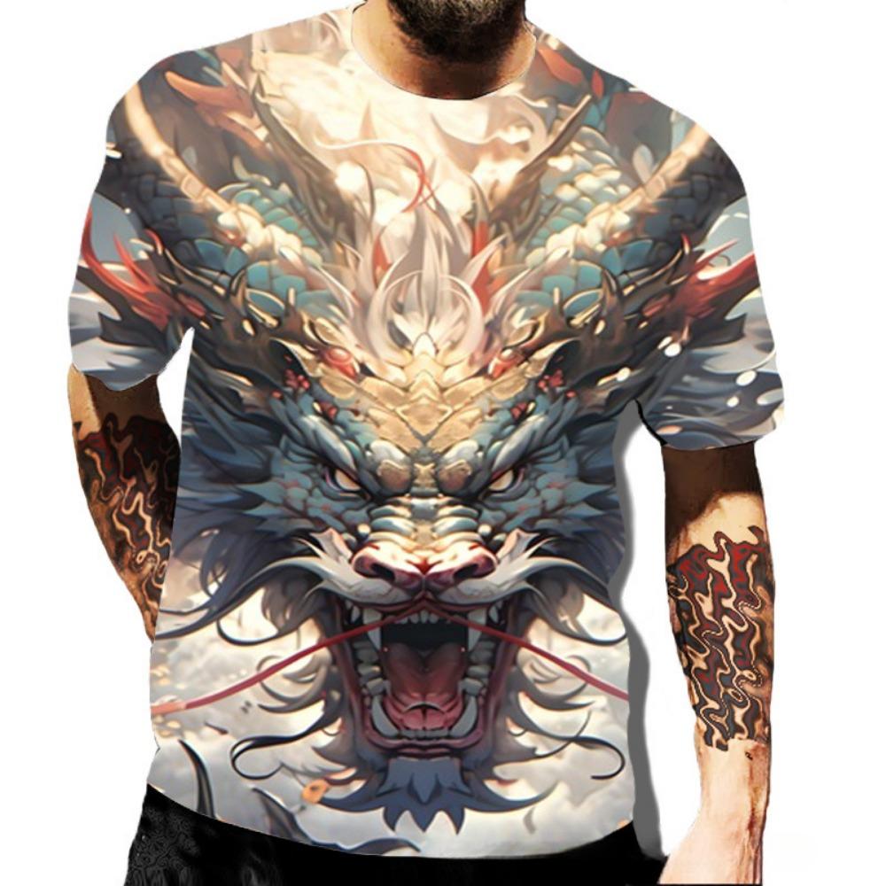 Summer Round Neck 3D Dragon Series Print Top Fashionable Casual Short Sleeved Men's T-shirts