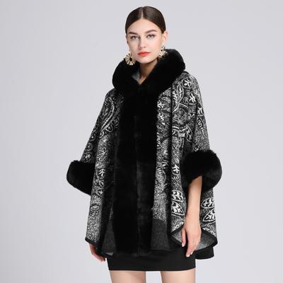 Winter Women's Shawl Cape Fur Collar Jacquard Hooded Large Size Seven-point Sleeves Tweed Jacket Cardigan