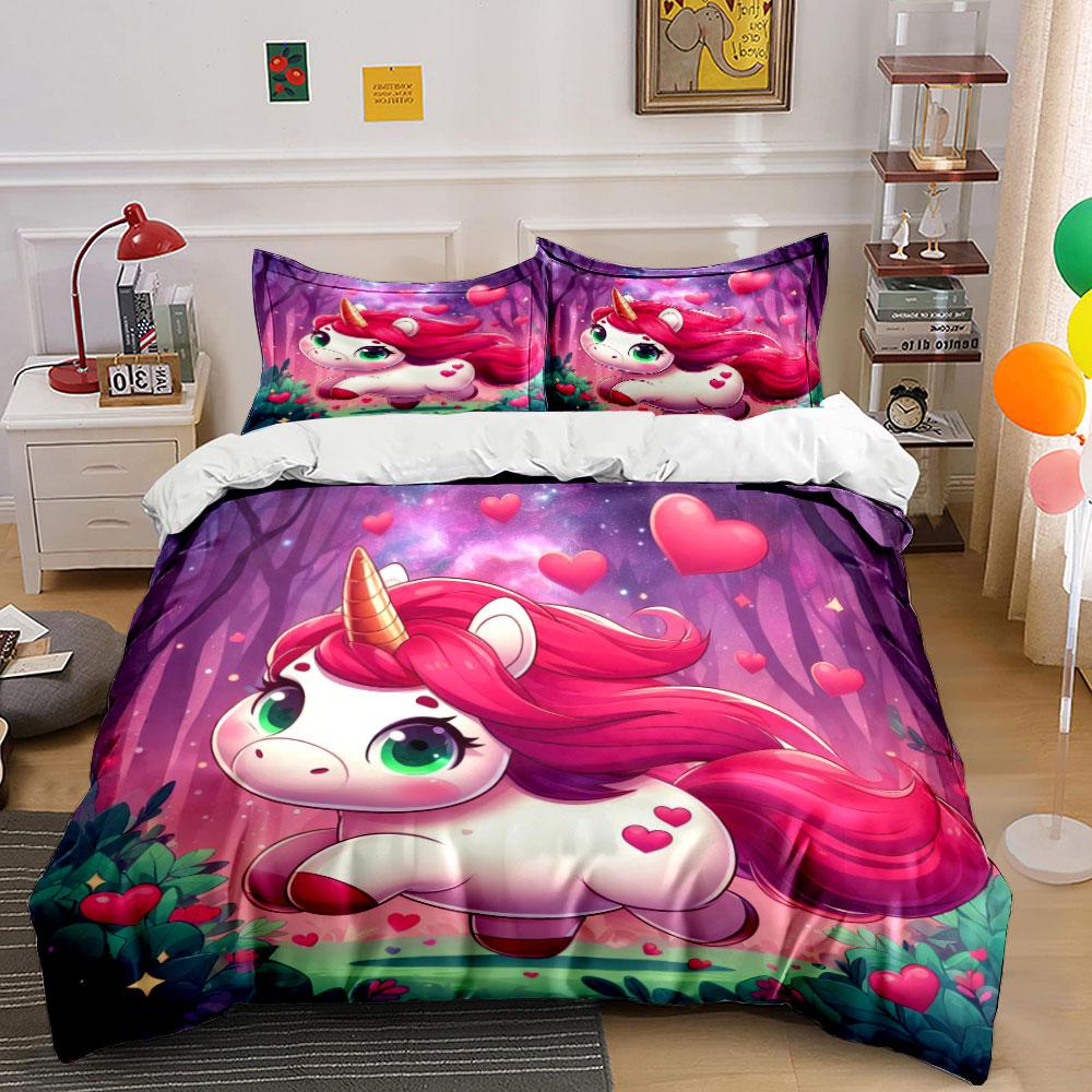 3Pcs Cute Unicorn In Dreamy Forest Duvet Cover Set With 3D Printing Design Soft Polyester Bedding Set All-Season Comfort