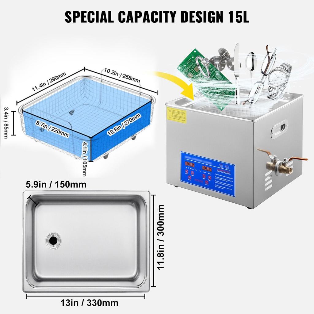 15L Ultrasonic Cleaner Machine Stainless Steel Ultrasonic Cleaning Machine Digital Heater Timer Jewelry Cleaning for Commercial Personal Home Use(15L)