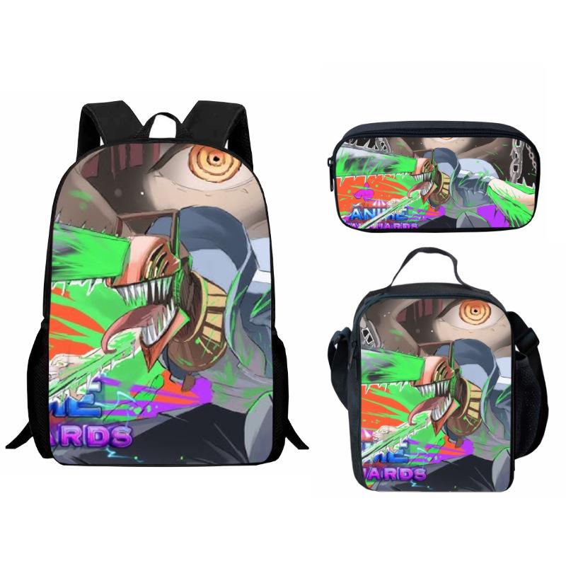 Printed Day Man Two-Dimensional Chainsaw Man Student Schoolbag Three-Piece Cartoon Backpack Lunch Bag