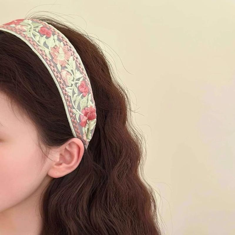 Hand-Made Cotton Linen Hairband Intricate Embroidery Blossom Design Adjustable Wide Band Unisex Hair Accessory