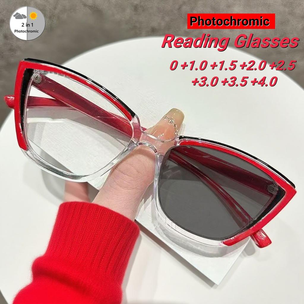 Retro Personality Color Blocked Cat Eyes Photochromic Women'S Reading Glasses Fashionable Neutral High-Quality Glasses