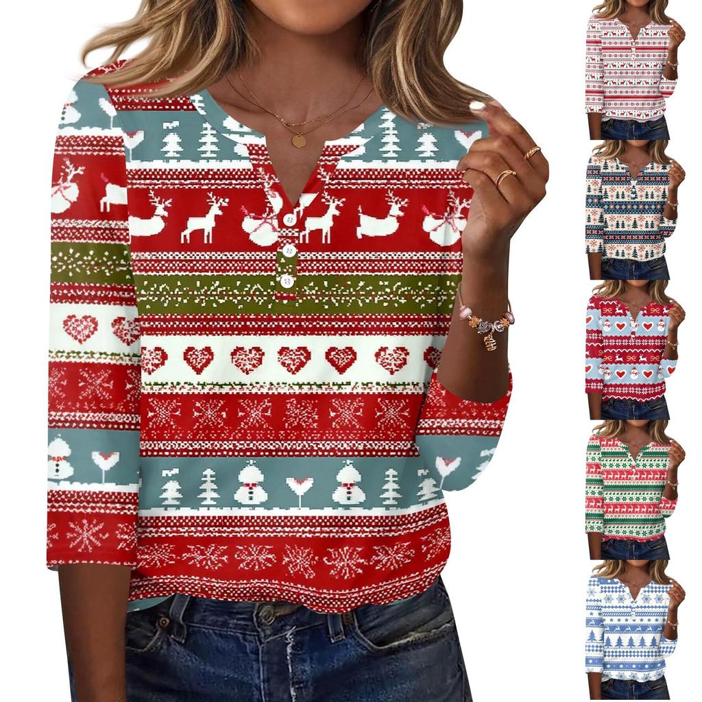 Women's Casual Christmas Print V-Neck T-Shirt with Decorative Buttons and 3/4 Sleeves