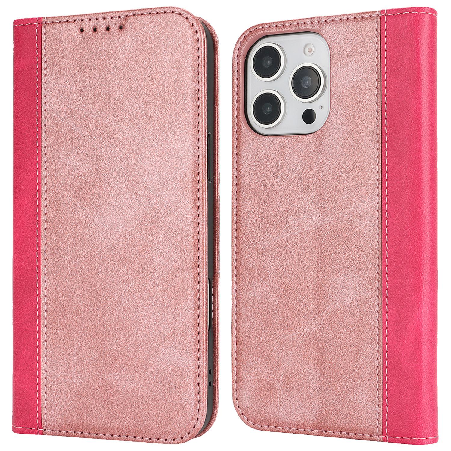 

For iPhone 16 Pro Max Case Calf Texture 3 Card Slots Color Splicing Leather Phone Cover E