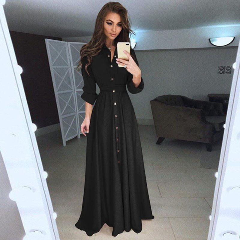 Sleeve Women Long Button Dowm Maxi Dress Evening Party Casual Shirt Dress