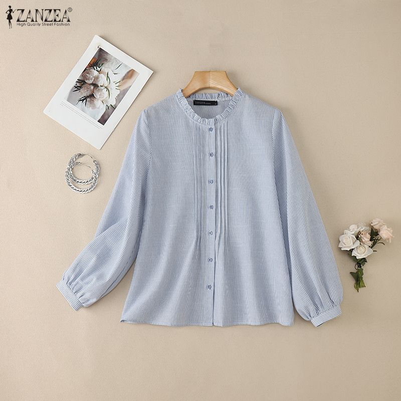 ZANZEA Women Round Neck Long Sleeve Casual Stripe Blouse
