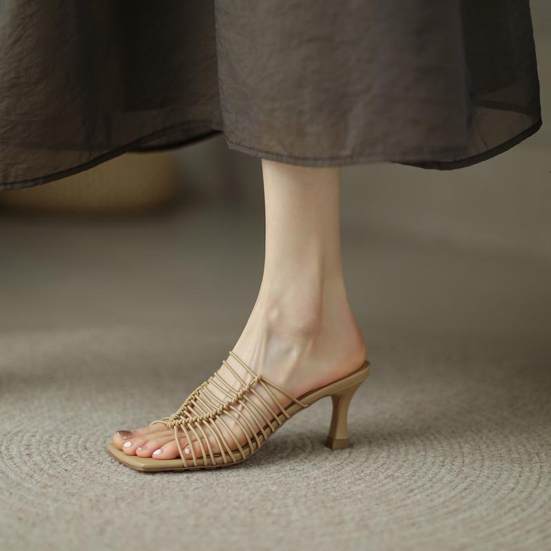 Fashion Women's New Summer Square Head Knitted Open Toe Leather Sheepskin High Heel Large Size Slippers