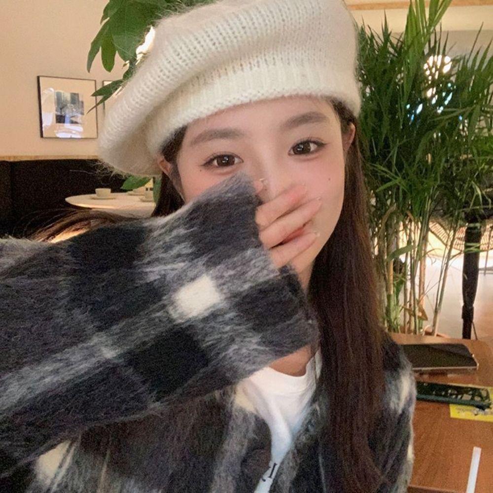 Solid Color Knitted Beret Hat Mohair Knitted Octagonal Cap Personality Wool Painter Hat  Girl