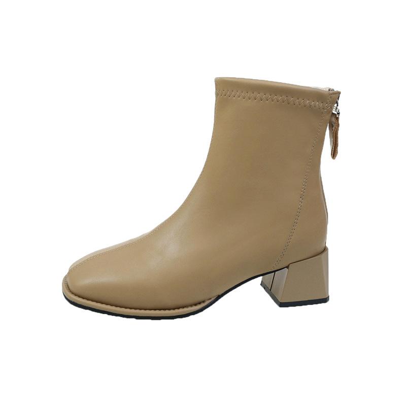 Round Head Thick Heel Short Boots Women's Shoes High Sense Spring and Autumn Versatile Low Tube Elastic Thin Women's Boots British Fashion Short Boots
