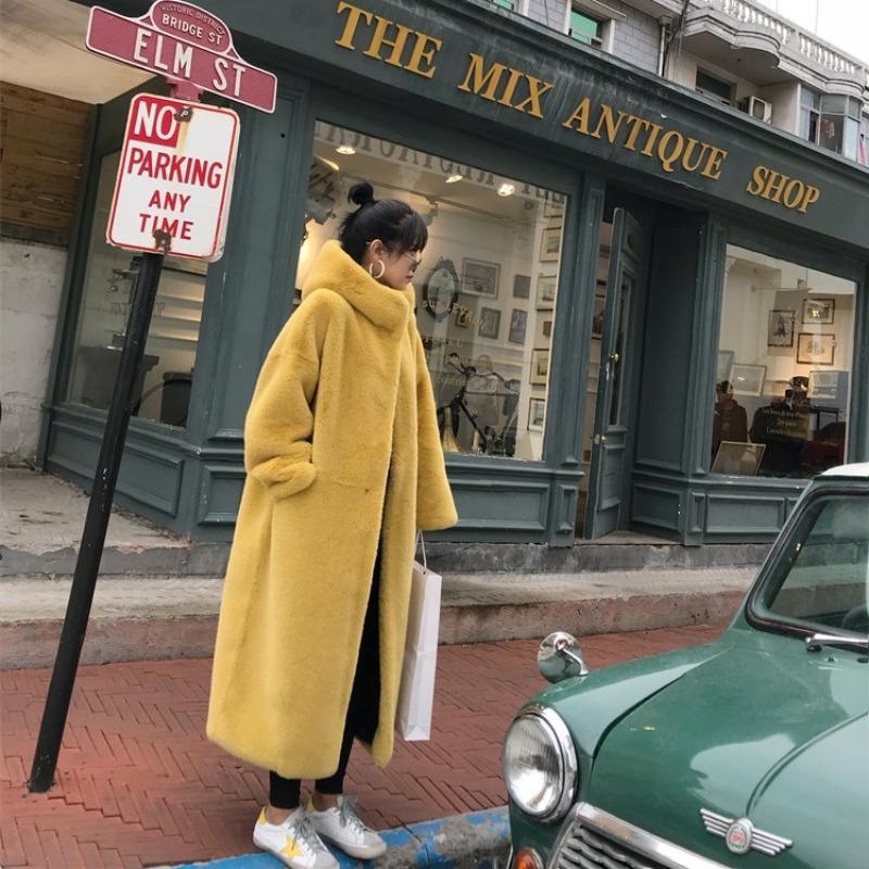 Women s Winter Yellow Faux Fur Long Coat Oversized Hooded Overcoat S