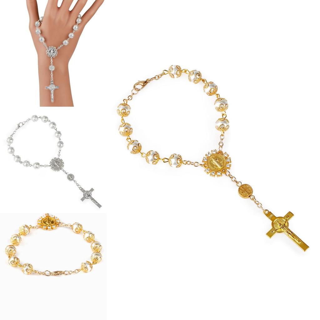 Unisex Glass Rosary Bracelet With Cross Pendant Exquisite Gold And Silver Lace Design