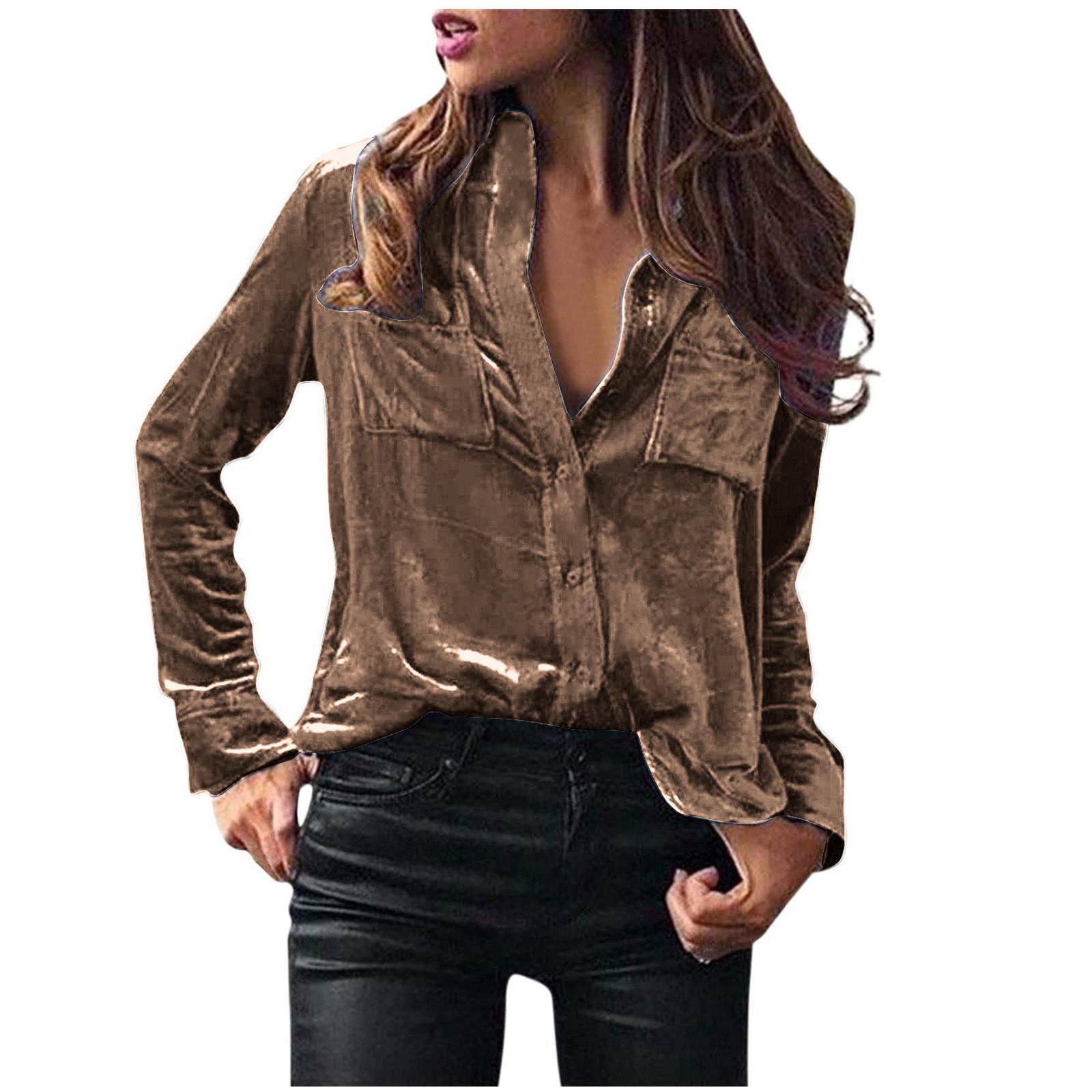 Women s Fashion Colour Button Pocket Long Sleeve Shirt Top S