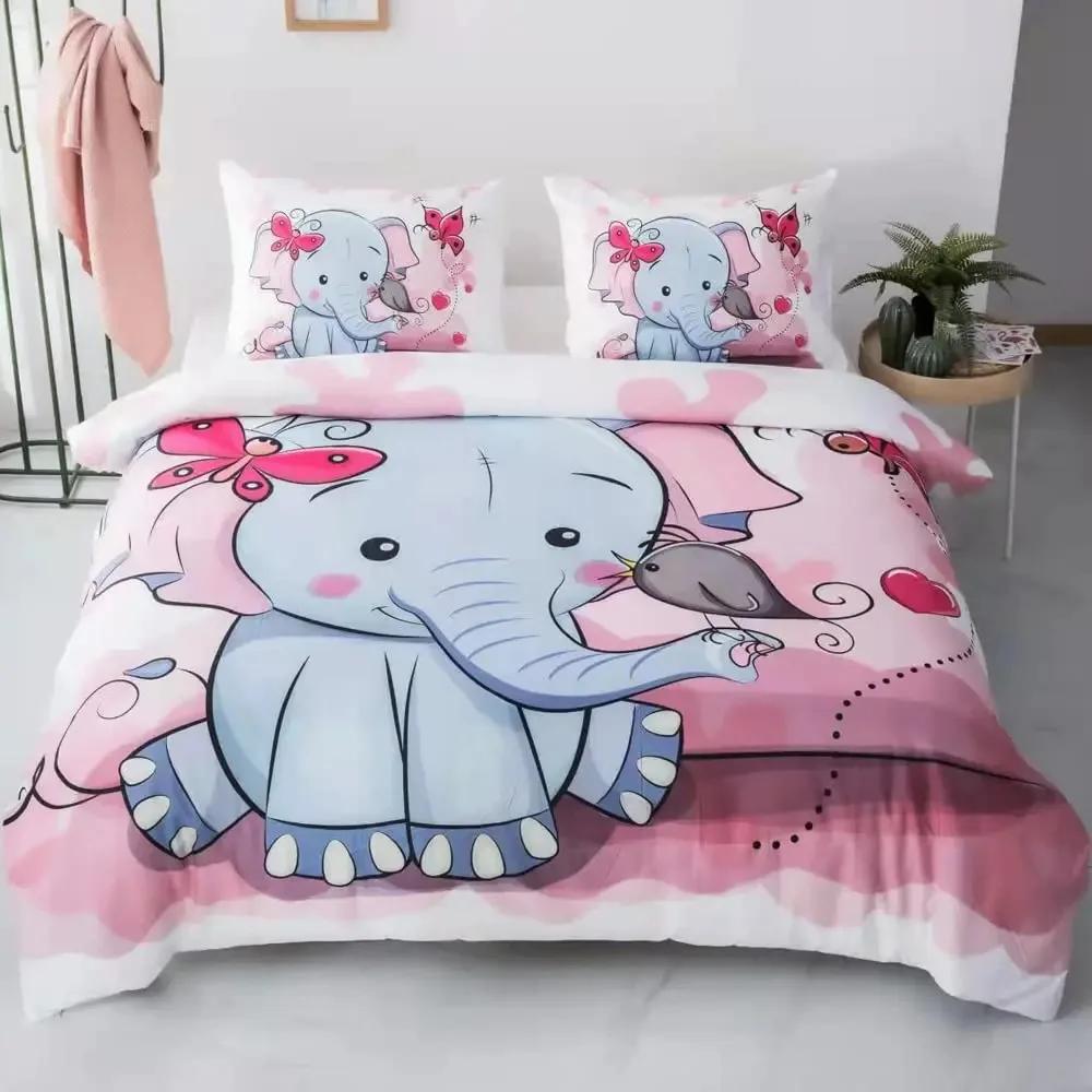 Elephant Duvet Cover Set for Girl Lovely Cartoon Animals Elephant with Butterfly and Bird Bedding Set Comforter Cover Queen Size