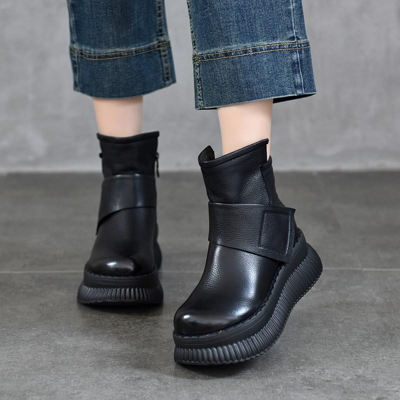 Johnature Plush Genuine Leather Women's Cotton Boots Casual Side Zipper Thick Soled Wedges Short Boots