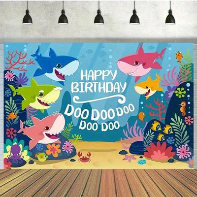 1 Item, Colorful Shark Birthday Party, Polyester Photography Background Cloth 7x5 Feet, Birthday Banner and Flag Supplies