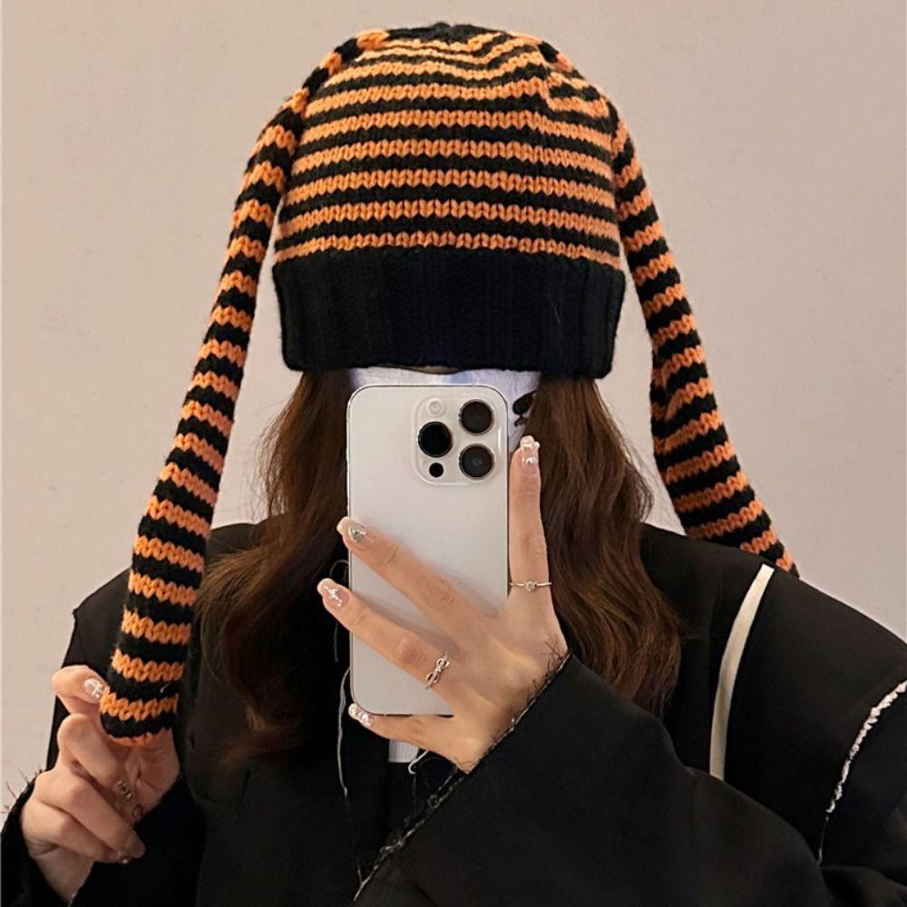 Y2K Rabbit Ears Hat Knitted Stripe Skull Cap Cute Women Beanie Hat  Outdoor