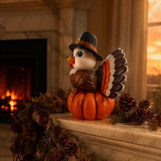 Holiday Gift for Friends And Family Resin Turkey Pumpkin Ornament Thanksgiving, Autumn Harvest Festive Tabletop Cute Statue Figurine with Retro