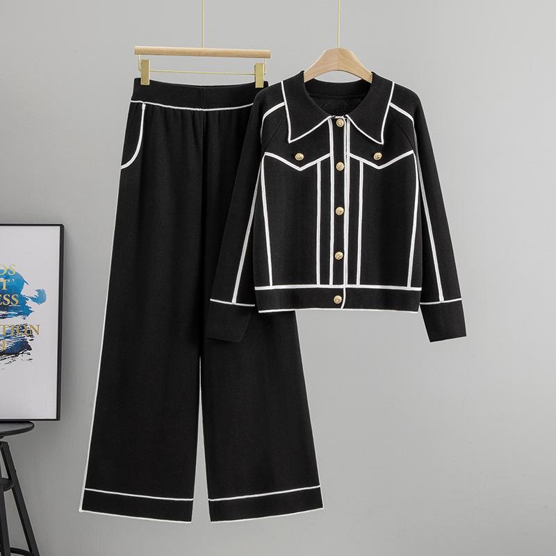 

Elegant Women s Two-Piece Set: Color Block Knit Cardigan & Wide-Leg Pants for Spring & Autumn. One Size чёрный