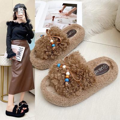 Suede Comfortable Color Matching One-word with Beaded Fluffy Slippers Women's Autumn and Winter Fashion Outer Wear Flat-bottomed Thick-bottomed