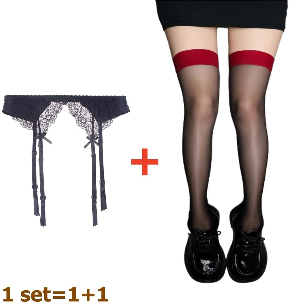 2Pcs Women'S Adjustable Non-Slip Stockings High Waist Garter Belt Plus Size Sock Set Lace Mesh Suspender One-Piece Pantyhose Xxl