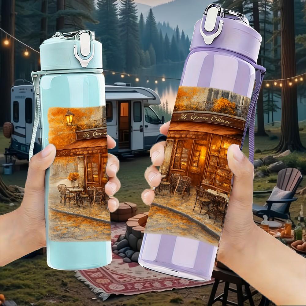 1PC Vintage Street Cafe Night View 750ml Color Plastic Sports Water Bottle Leakproof Flip Straw Lid Suitable for Sports Office Home Use