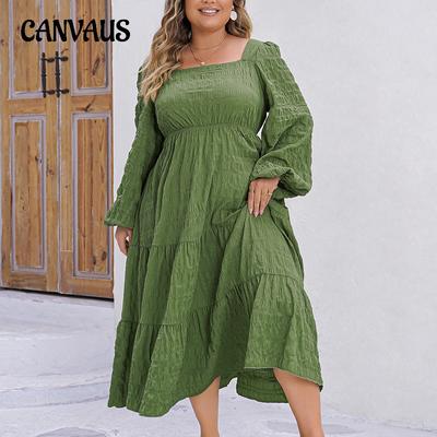 Plus Size Spring and Autumn Dress Solid Colour Loose Square Neck Thin Long-sleeved Dress for Women