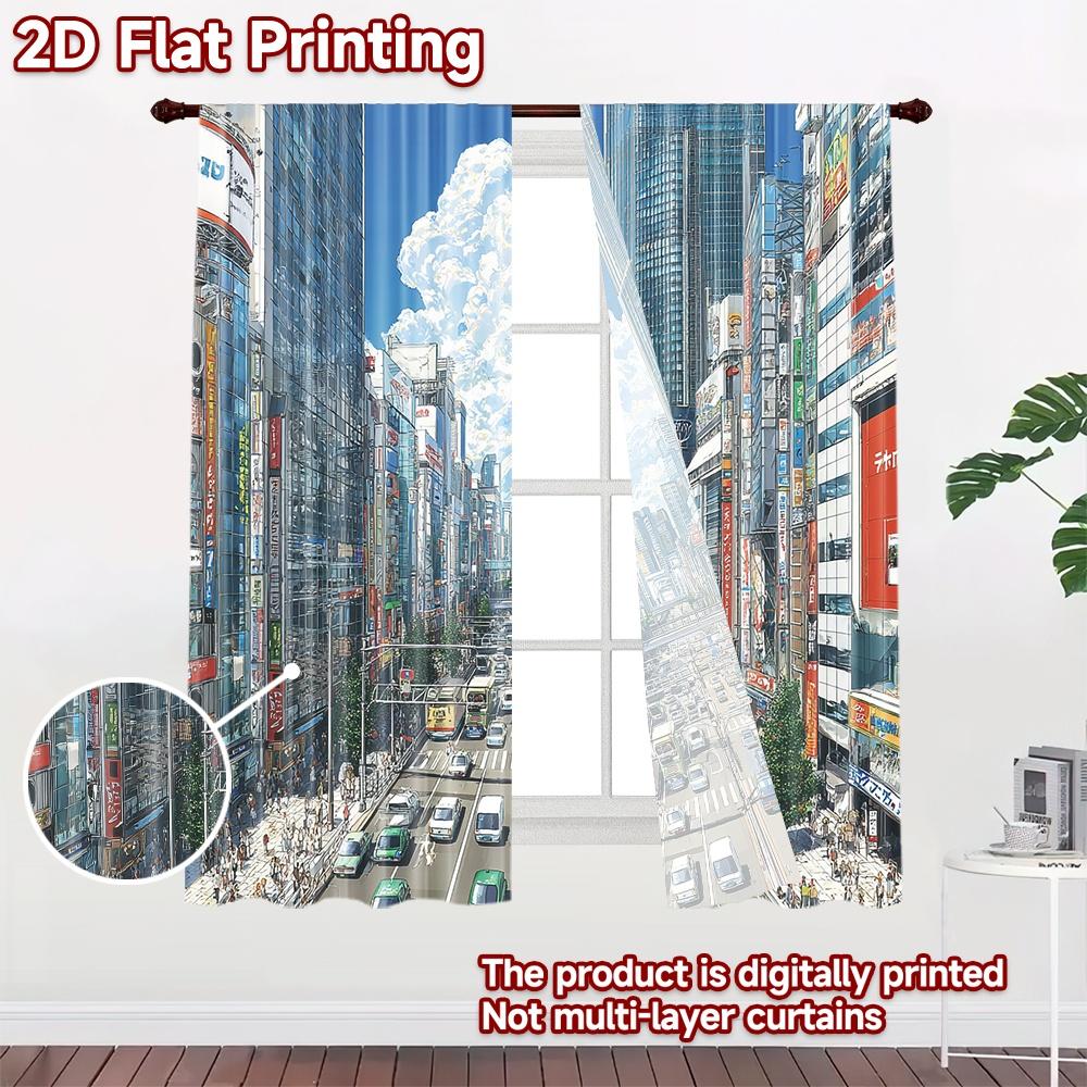 2D flat printing 2pcs Curtains Anime City Street Scene People Traffic Digital Printed Polyester Drapes Birthday Party Perfect