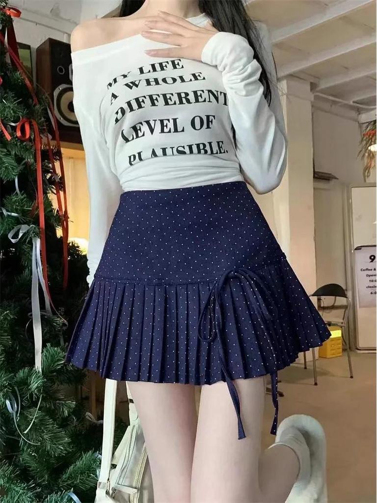 Polka Dot Bow Tie Pleated Mini Skirt with Lace-Up - A-Line, Anti-Exposure, Girlish Summer Design