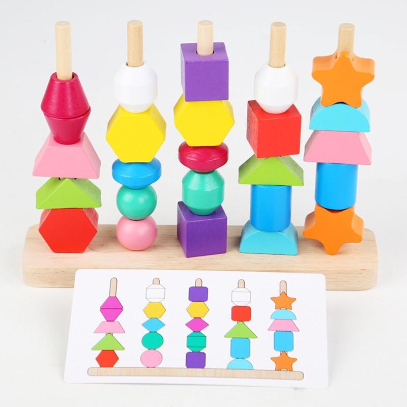 Learning Plugging Block Toy Shape & Color Sorting Game Wooden Beading Toy Stacking Puzzle Interactive Toddler Fun Gift