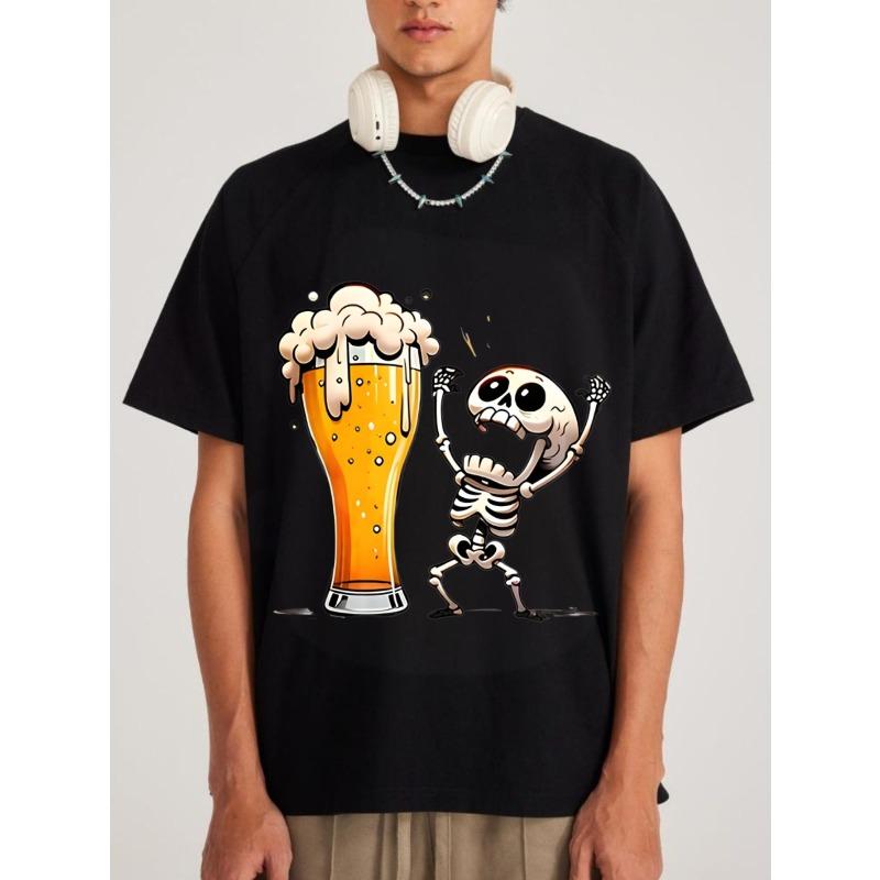 Black T Shirt Men Casual Cartoon Skeleton Drinking Beer Print Summer Party Halloween Costume Top Male Streetwear Fashion