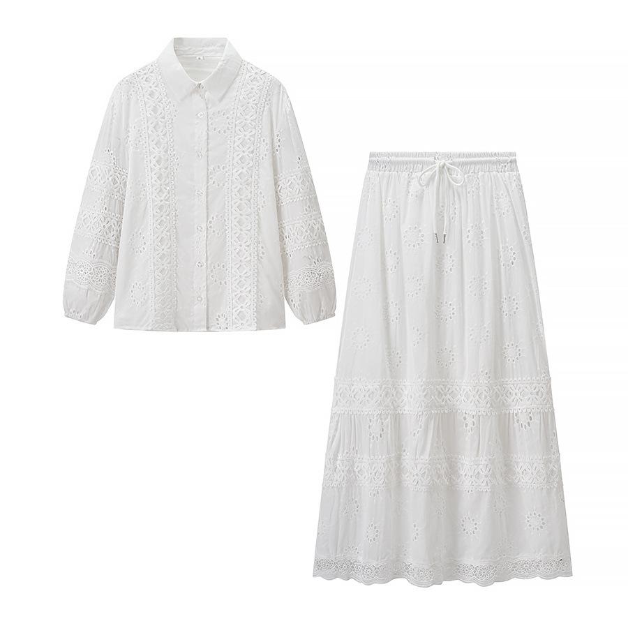 Cross-border European and American foreign trade women s clothing Amazon autumn hollow engraved literary shirt + splicing high-waisted skirt set S белый
