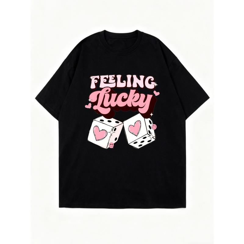 Feeling Lucky Oversized T Shirt Black Pink Dice Heart Print Casual Summer Top For Women Party Outfit