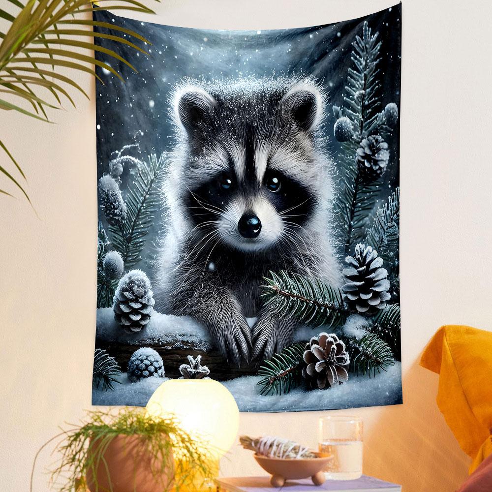 "Winter Woodland Raccoon Scene" Patterned tapestry home decor, suitable for bedroom and living room, gift