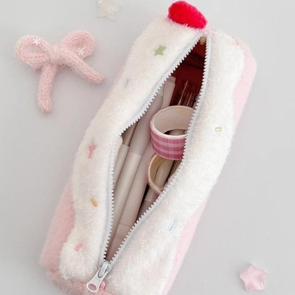 Korean Cream Swiss Roll Plush Pencil Case Large Capacity Girl Makeup Bag Gift
