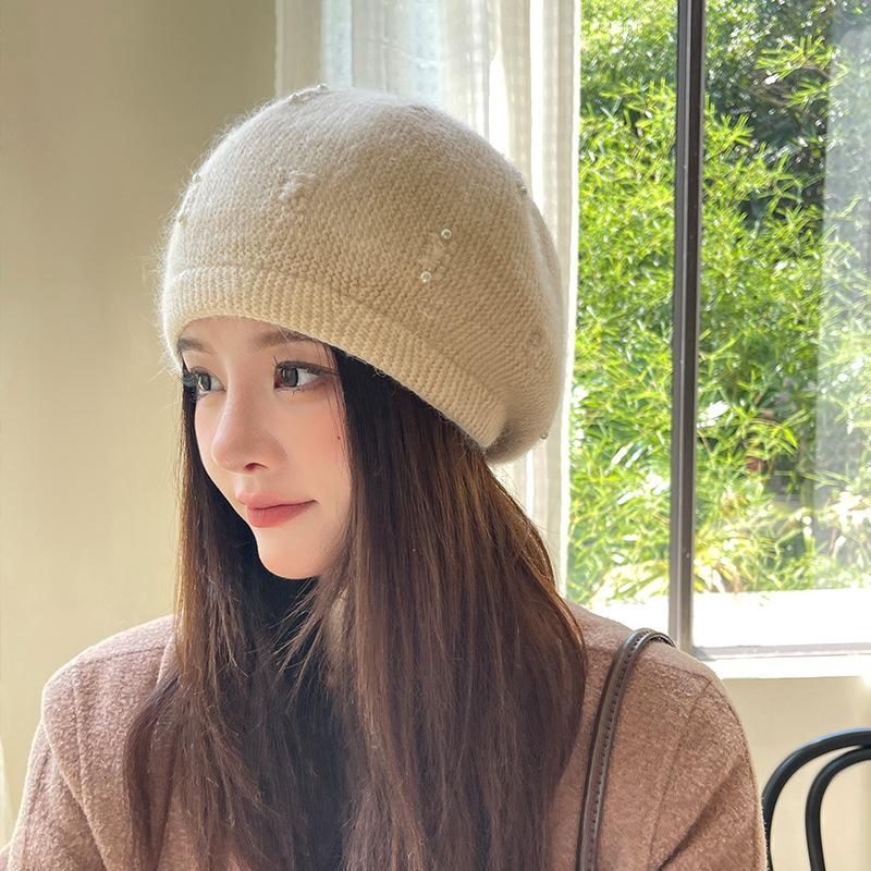 Winter Warm Cap Thermal Hat Women Beret Elastic Knit Solid Color Soft Thick Windproof Decorative