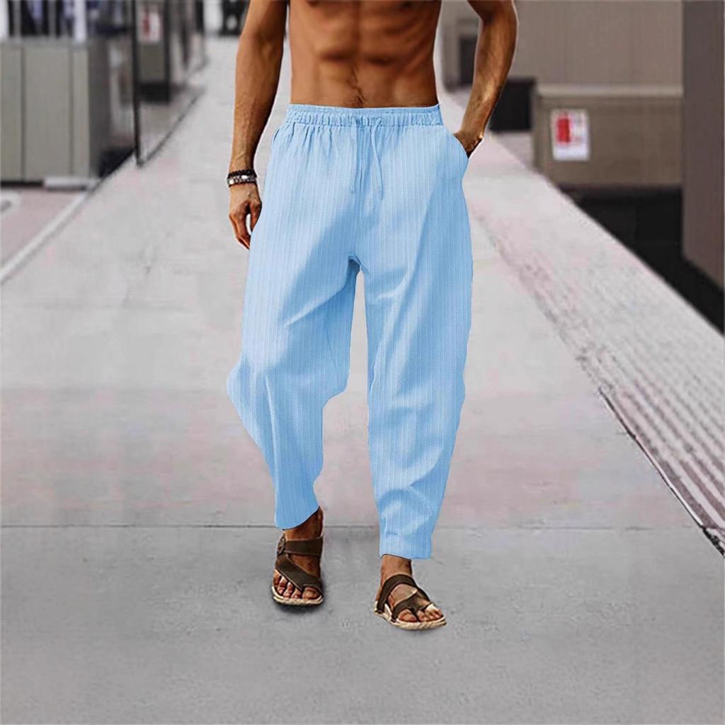Men's Casual Loose Fit Sport Pants Hip Hop Cotton Linen Stripe Breathable Loose Comfortable Men's Long Trousers