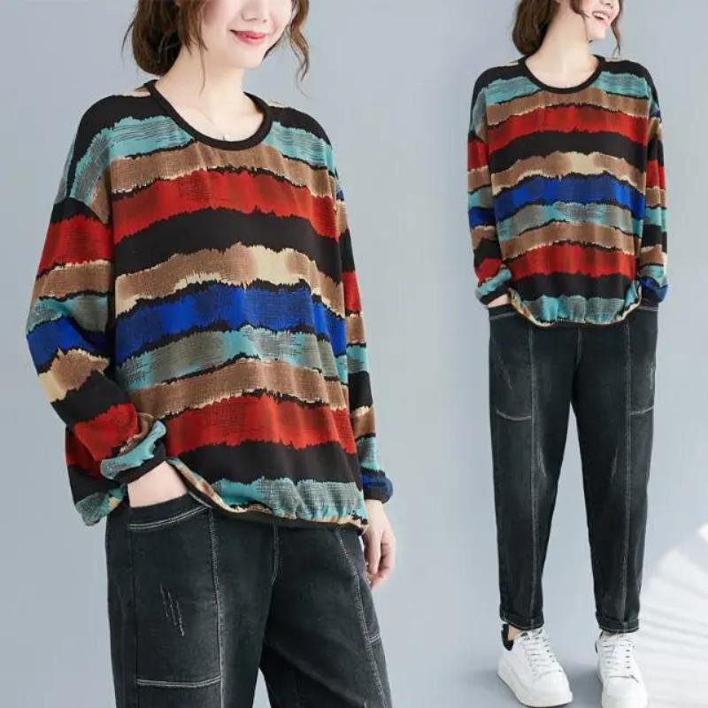 

Spring New Round Neck Base Shirt All Match Striped Sweatshirt for Women Long Sleeved Elegant Casual Top for Women OneSize бежевий