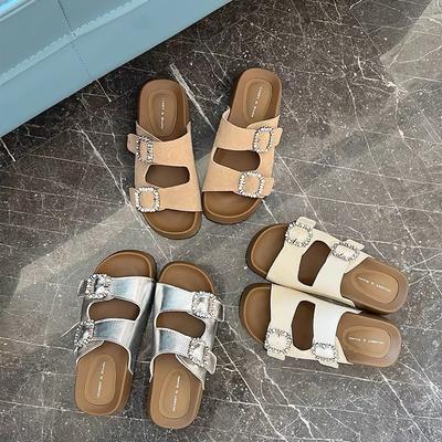 Cowhide Version~ Height-increasing Thick-soled One-word Slippers for Women's 2025 Summer Square-headed Rhinestone Birken Outerwear Casual Beach Shoes