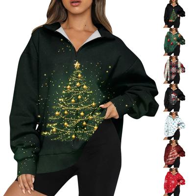 Women's Casual Fashion Long Sleeve  Print Oversize Zip Sweatshirt Top