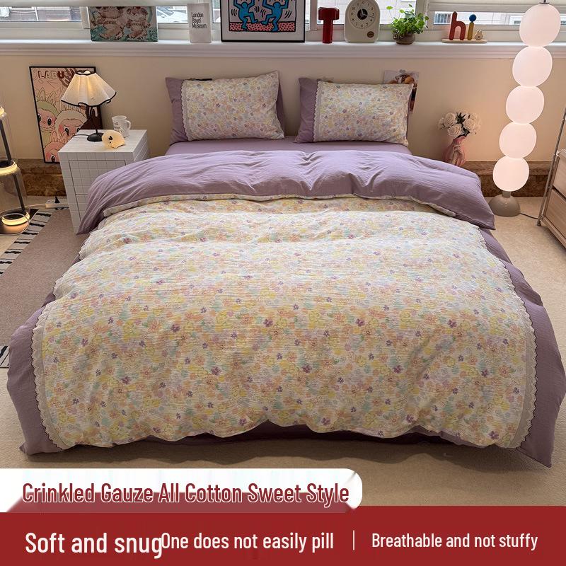 Korean Soft Crinkled Gauze Lace 4-Piece Bedding Set