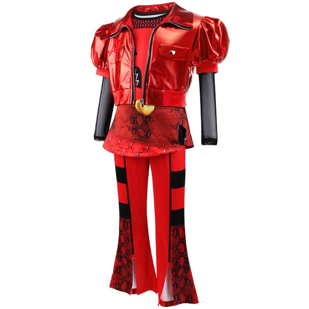Kids Red Costume Girls Short Sleeves Jacket Top Flared Pants Wig Princess Dress Up 6-14Y