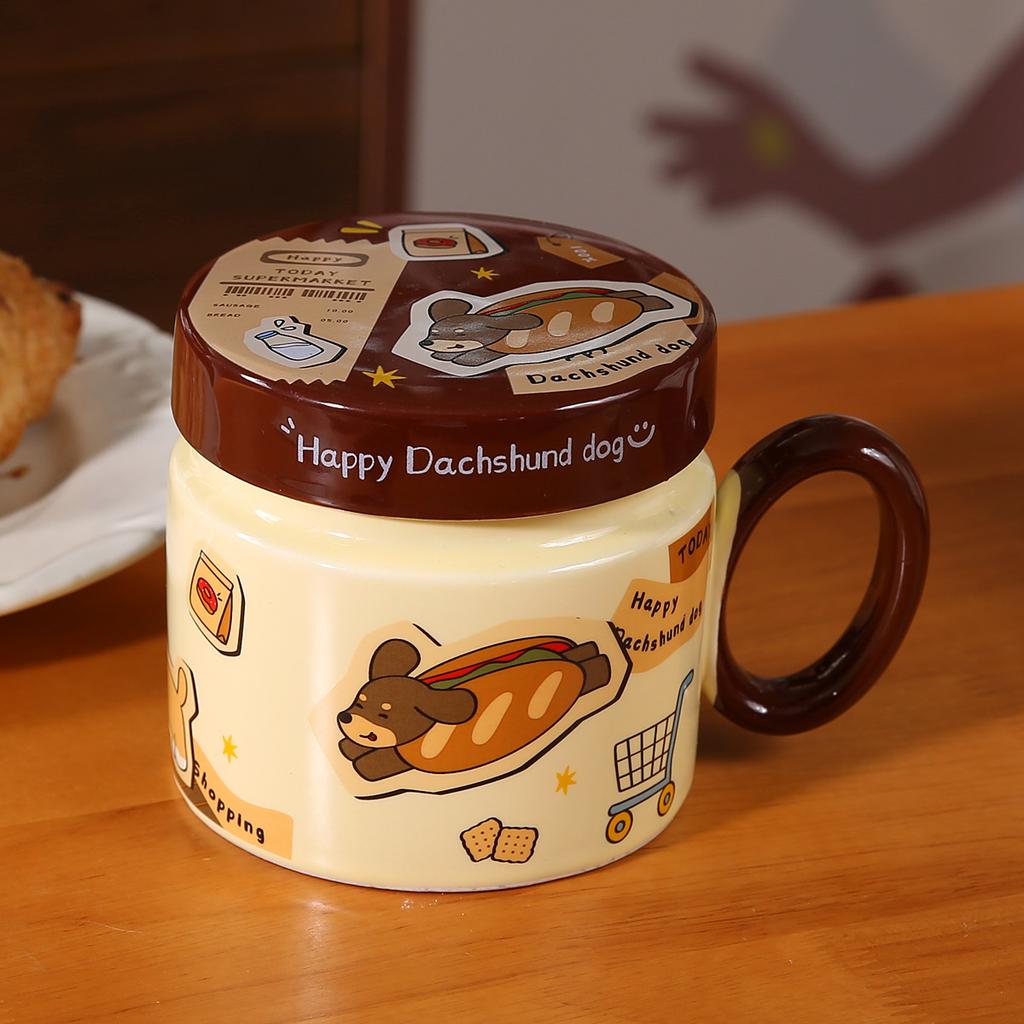 Dackel Keramik Wasserbecher Süße Tasse mit Deckel und Löffel Kreativer Jungenstil Kinder Frühstückstasse Große Kapazität