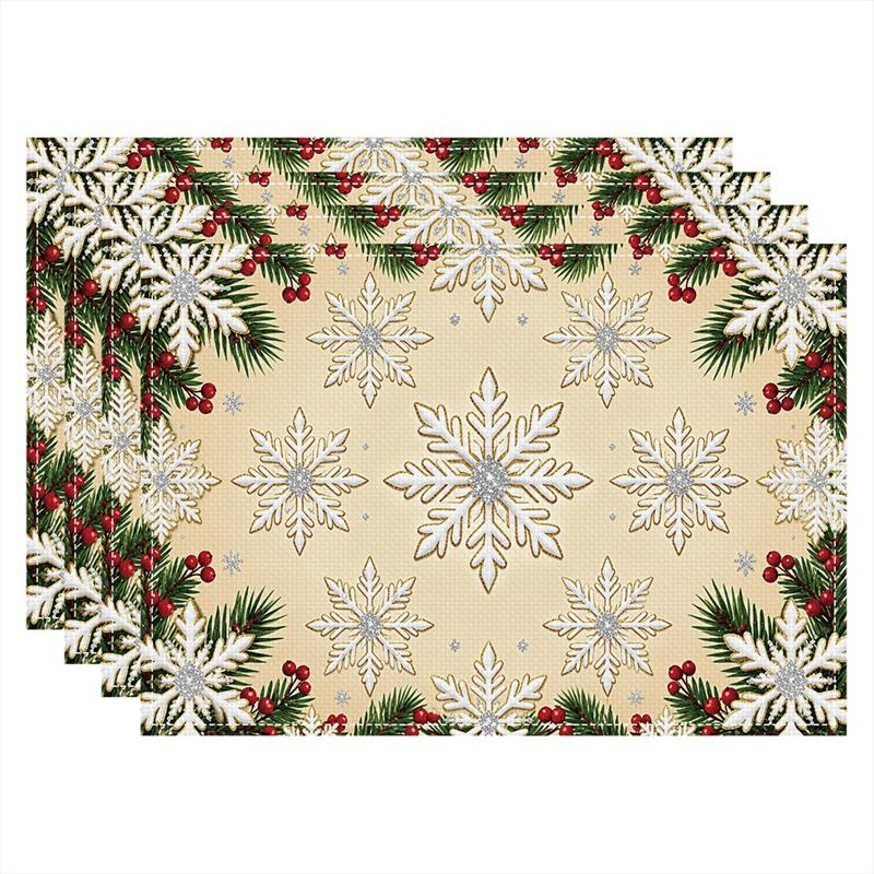 Linen Placemats Christmas Tree Gifts Snowflakes, Cream Green Red, Stain Resistant Easy to Clean, Dining Table